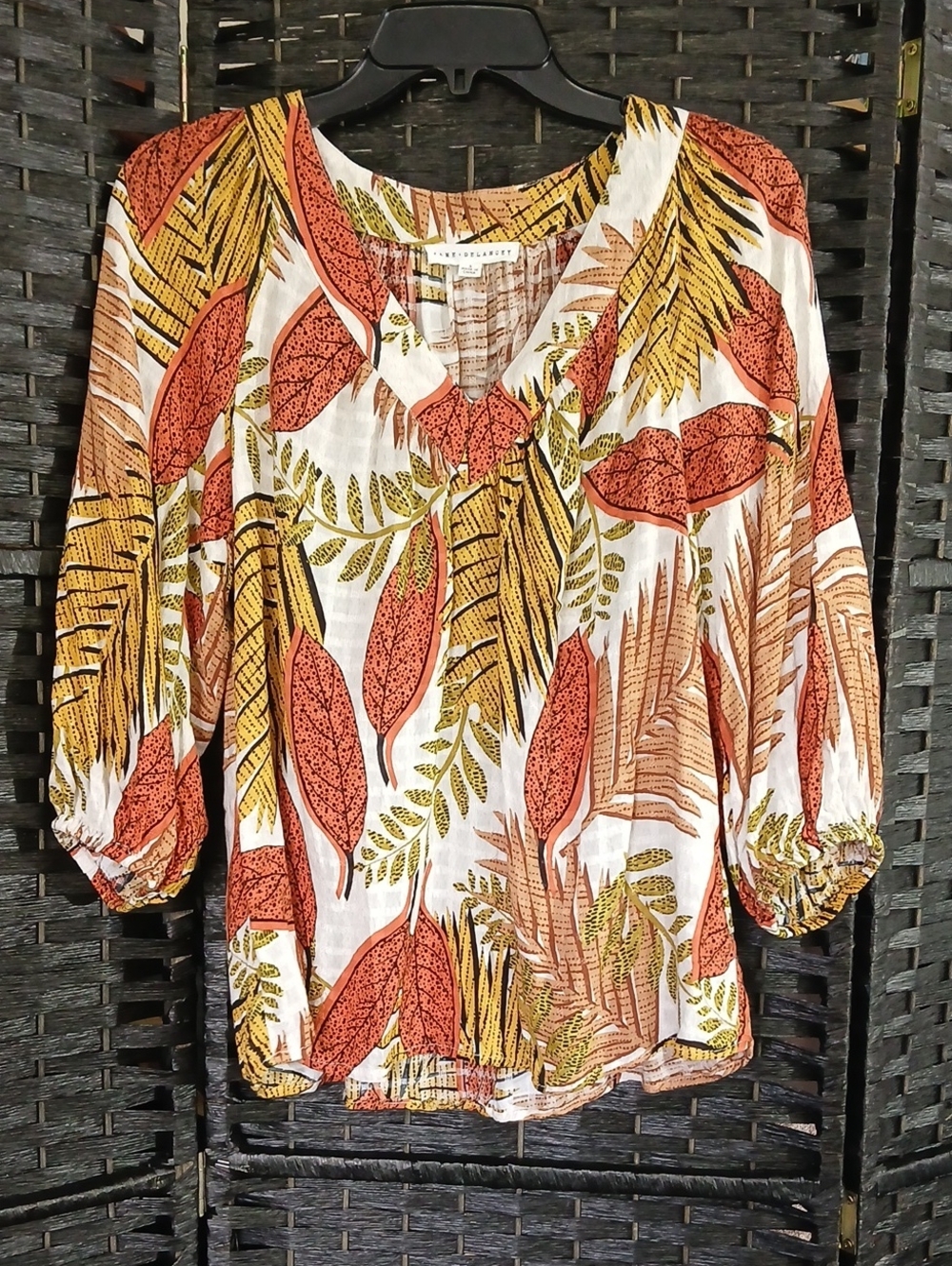 Jane and Delancey Leaf-Print V-Neck Boho Blouse Womens SZ S